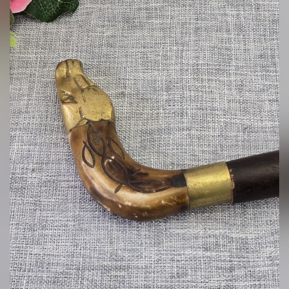 Vintage 37" Long Brass Horse Head & Horn Walking‎ Cane Stick